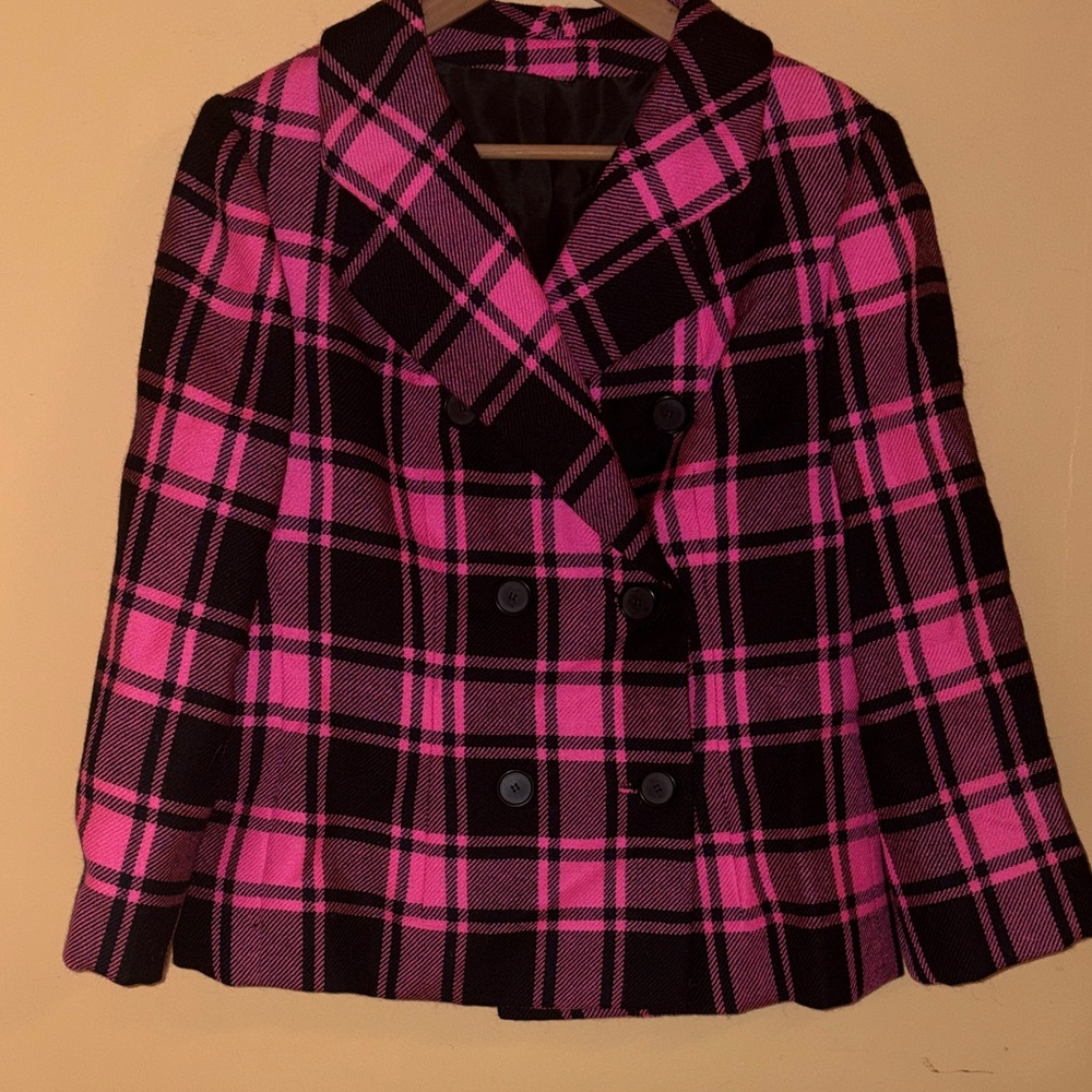 Bill Blass Pink and Black Plaid Pea Coat